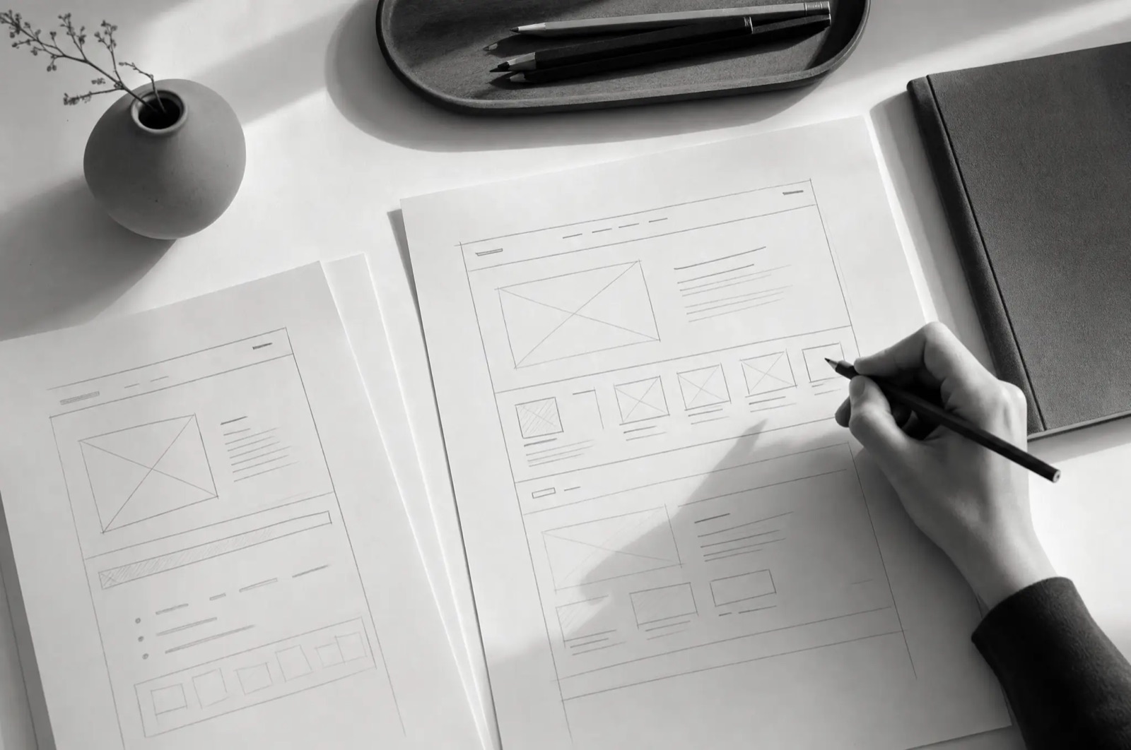 Pencil wireframe sketches of website layouts on paper